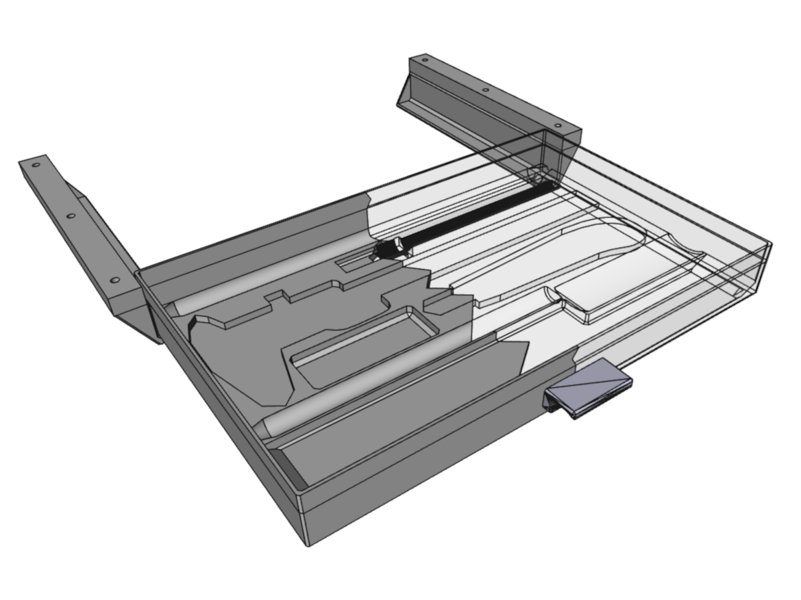 Bėgelių ir stalčiuko su įdubomis įrankiams 3D modelis.