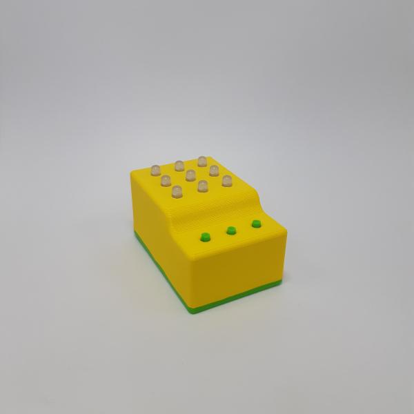3D spausdinta dežutė su devyniomis LED lemputėmis ir trimis mygtukais.
